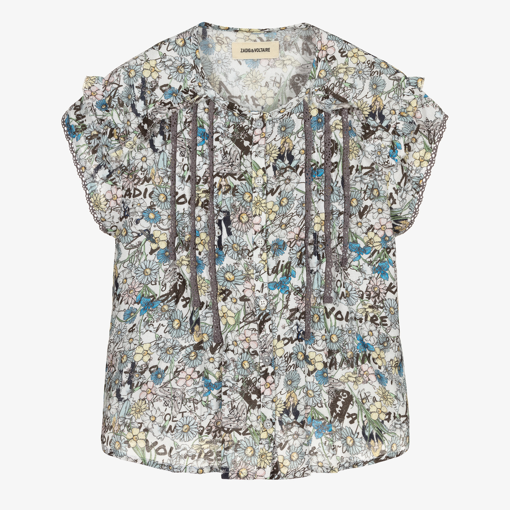 Zadig&Voltaire - Blaue Bluse mit Blumen-Print (M) | Childrensalon