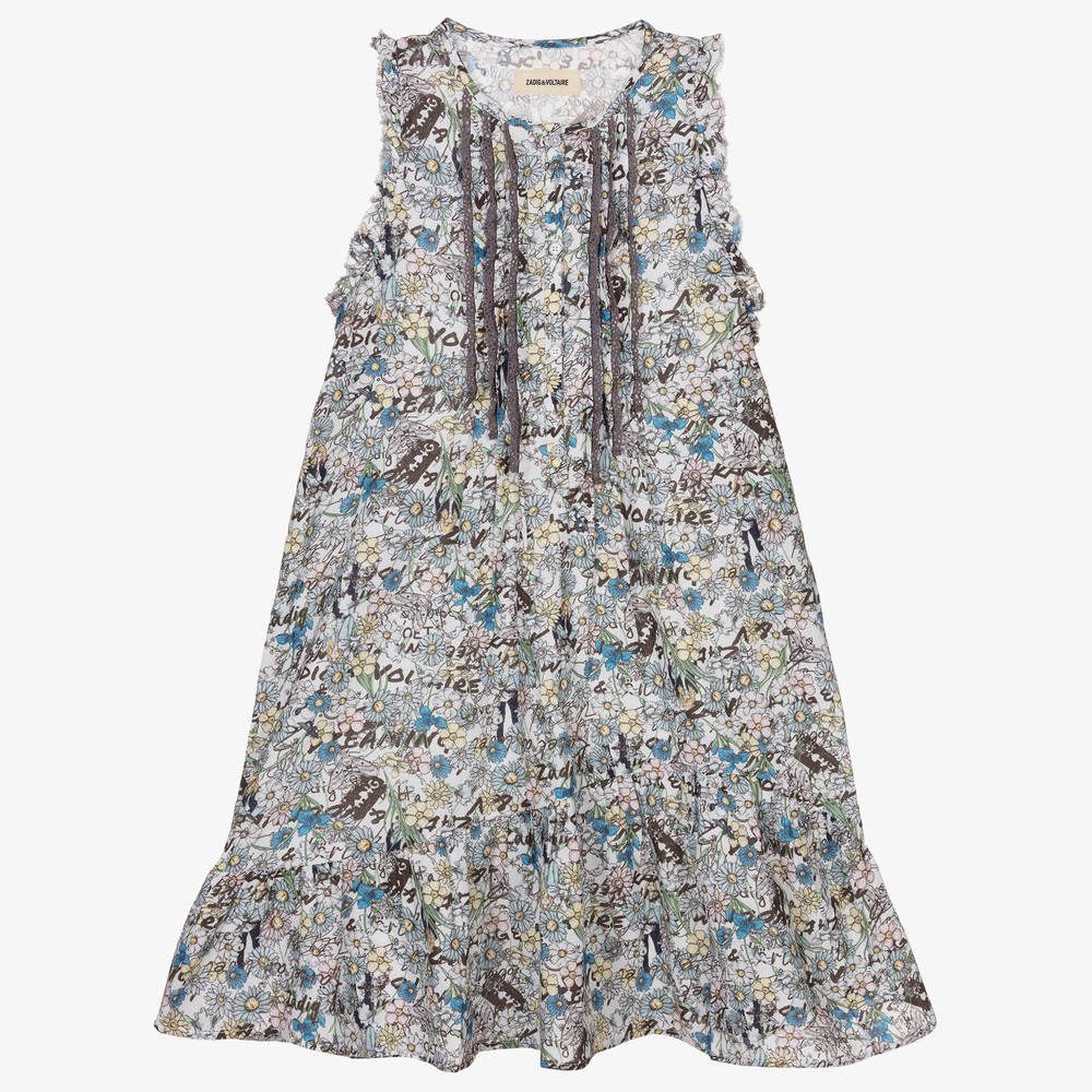 Zadig&Voltaire - Голубое платье из крепа в цветочек для девочек | Childrensalon