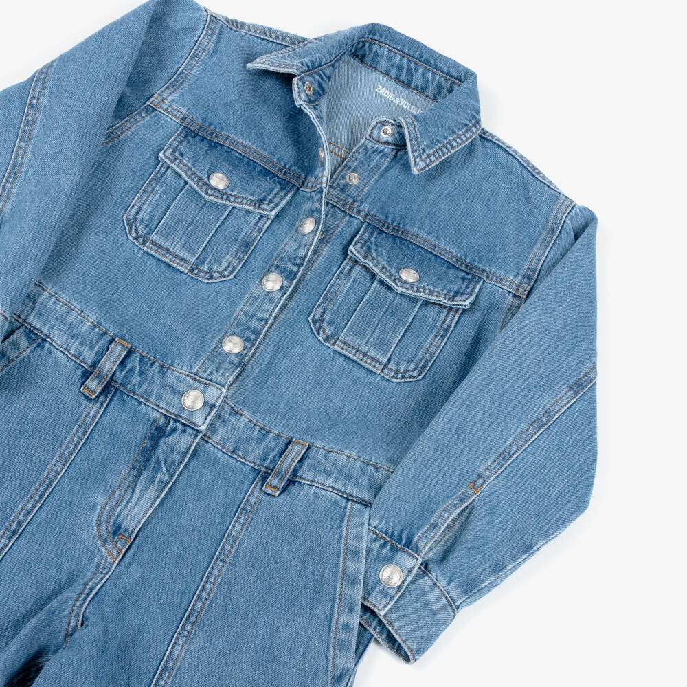 Zadig&Voltaire-Girls Denim Rhinestone Logo Jumpsuit | Childrensalon Outlet