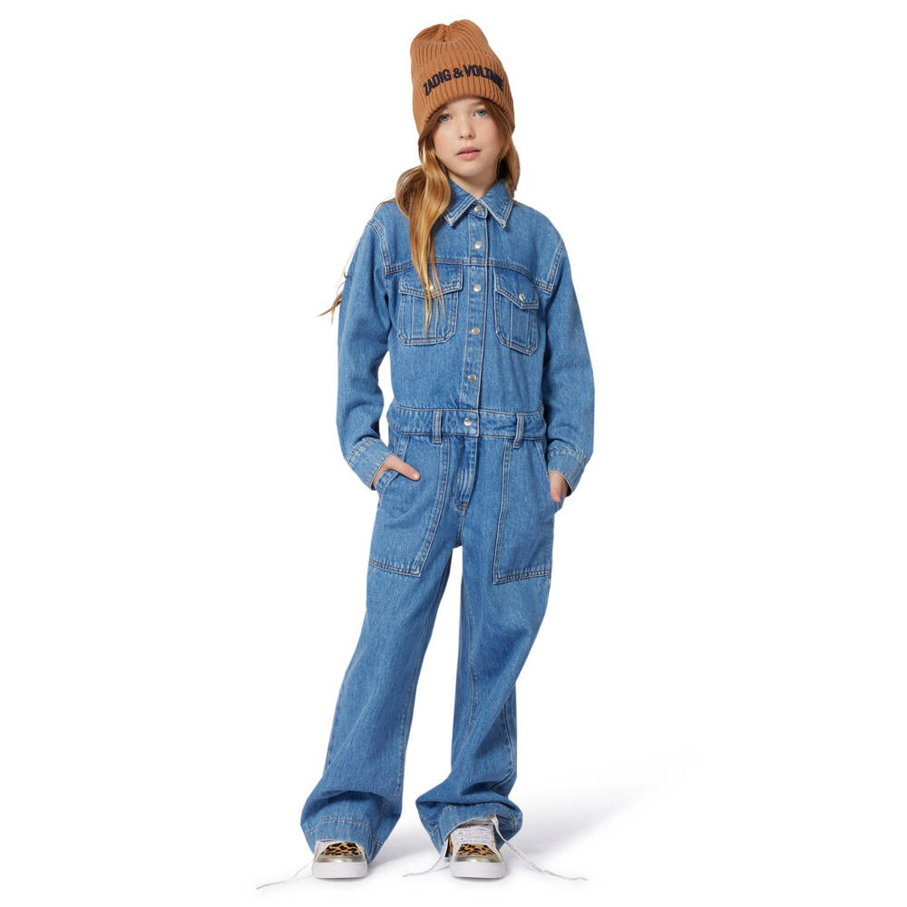 Zadig&Voltaire-Girls Denim Rhinestone Logo Jumpsuit | Childrensalon Outlet