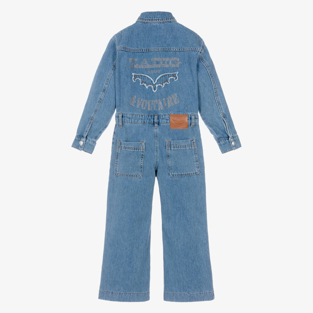 Zadig&Voltaire-Girls Denim Rhinestone Logo Jumpsuit | Childrensalon Outlet