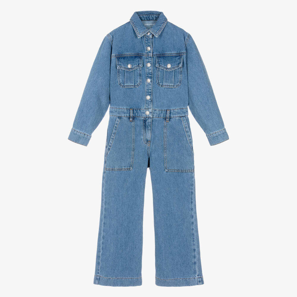 Zadig&Voltaire-Girls Denim Rhinestone Logo Jumpsuit | Childrensalon Outlet