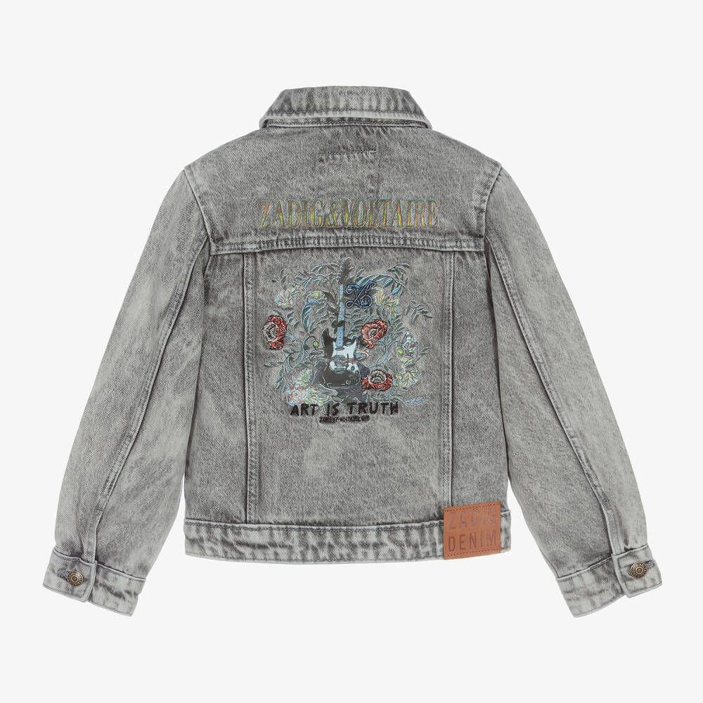 Zadig&Voltaire-Girls Grey Embroidered Denim Jacket | Childrensalon Outlet