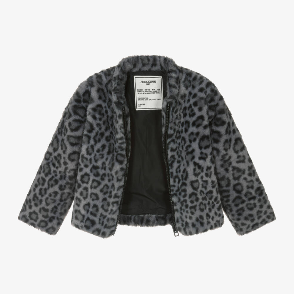 Zadig&Voltaire-Girls Grey Leopard Faux Fur Coat | Childrensalon Outlet