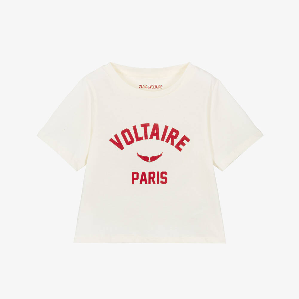 Zadig&Voltaire-Girls Ivory Cotton T-Shirt with Red Logo | Childrensalon Outlet