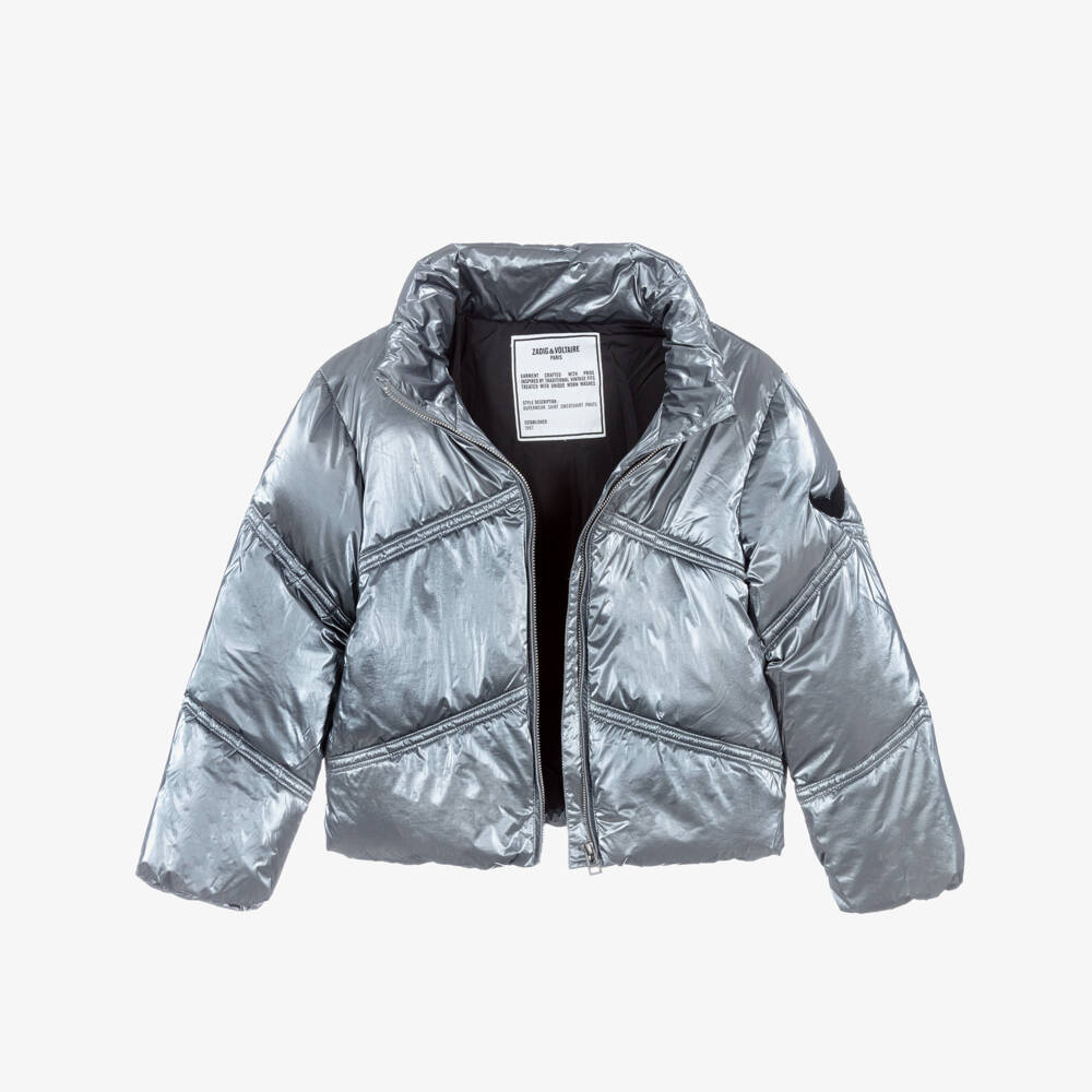 Zadig&Voltaire-Girls Metallic Silver Hooded Puffer Jacket | Childrensalon Outlet