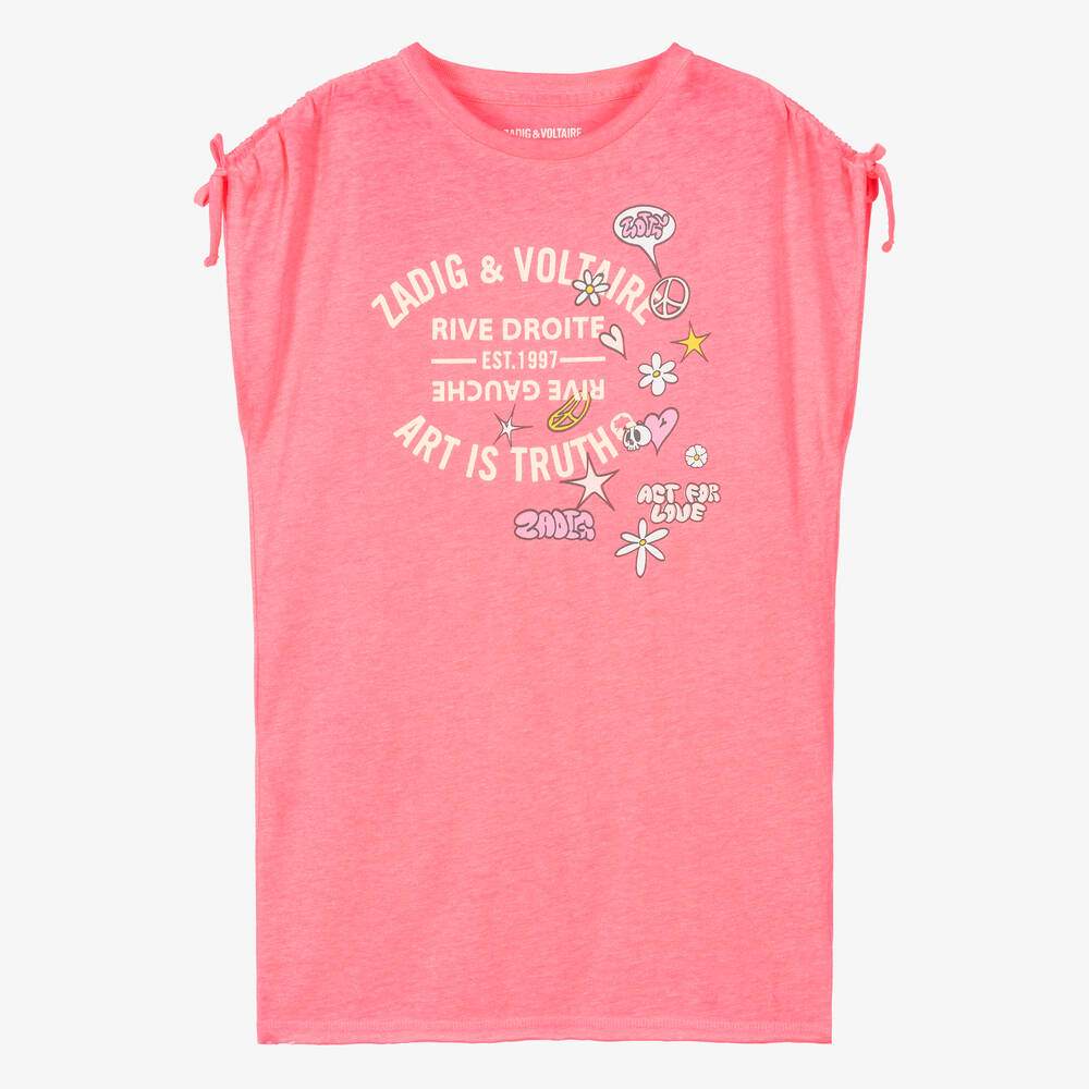 Zadig&Voltaire - Girls Neon Pink Cotton Logo Dress | Childrensalon