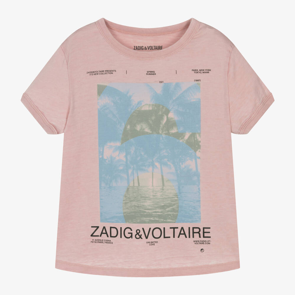 Zadig&Voltaire-Girls Pink Cotton Palm Tree T-Shirt | Childrensalon Outlet