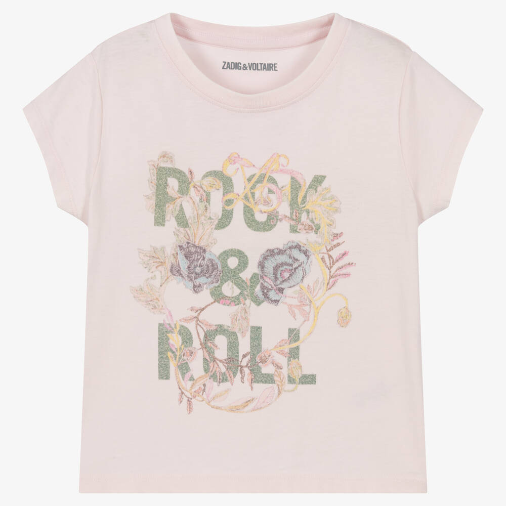 Zadig&Voltaire - Girls Pink Cotton Rock & Roll T-Shirt | Childrensalon