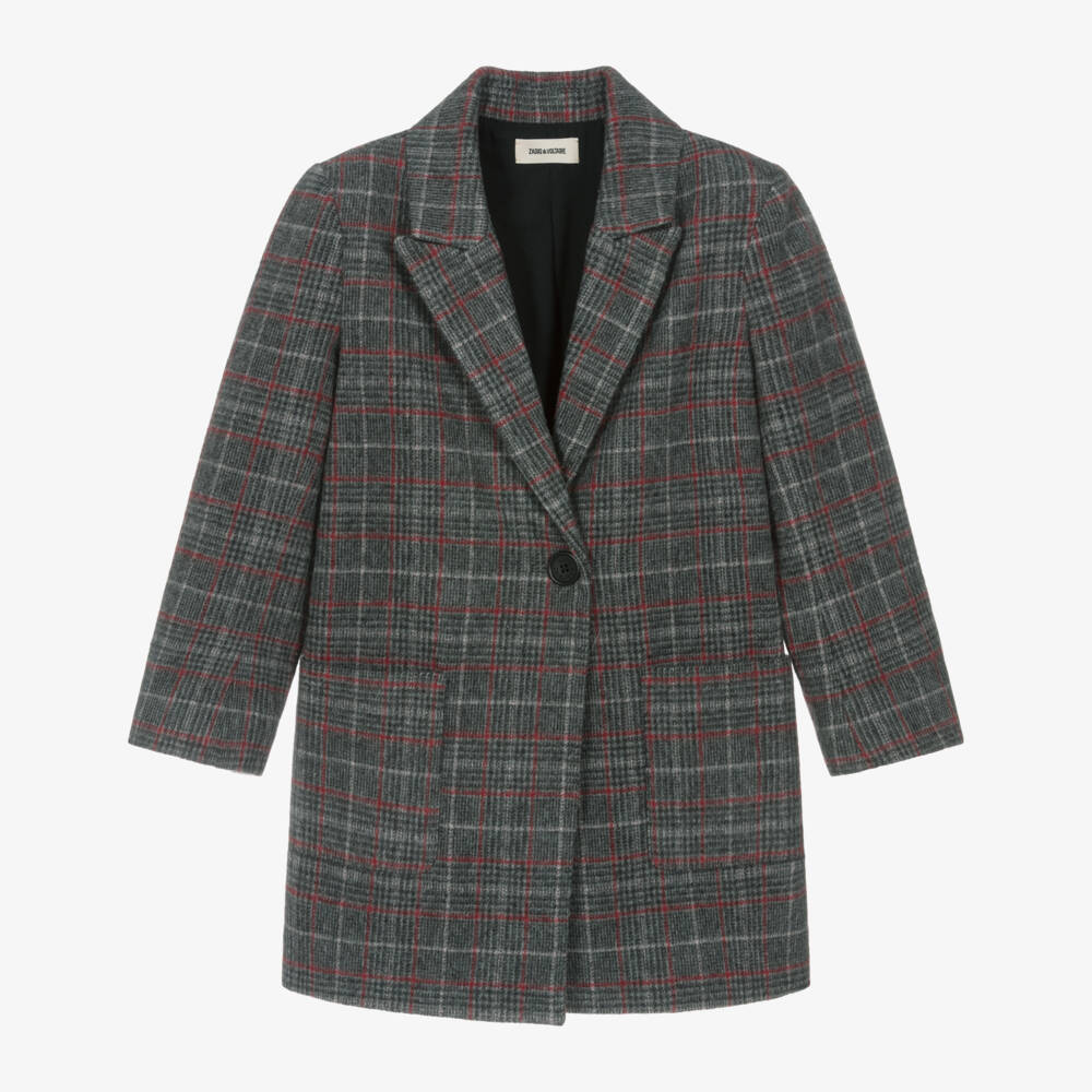 Zadig&Voltaire-معطف كاروهات لون أحمر ورمادي للبنات | Childrensalon Outlet
