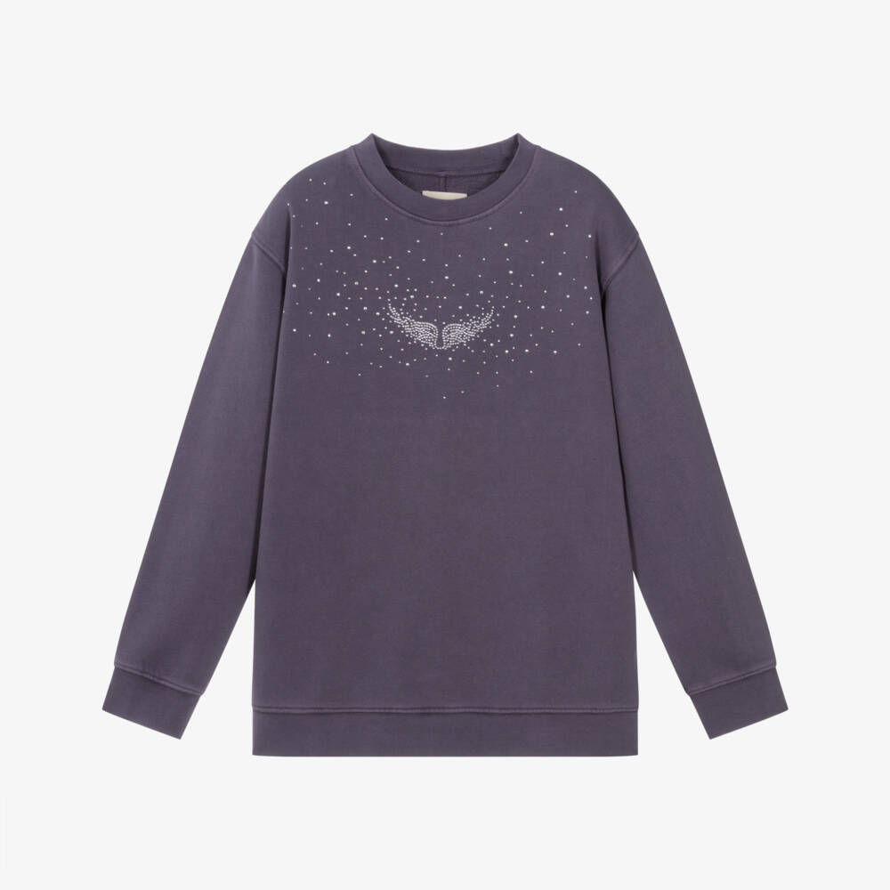 Zadig&Voltaire-Girls Purple Cotton Oversized Rhinestone Logo Sweatshirt  | Childrensalon Outlet