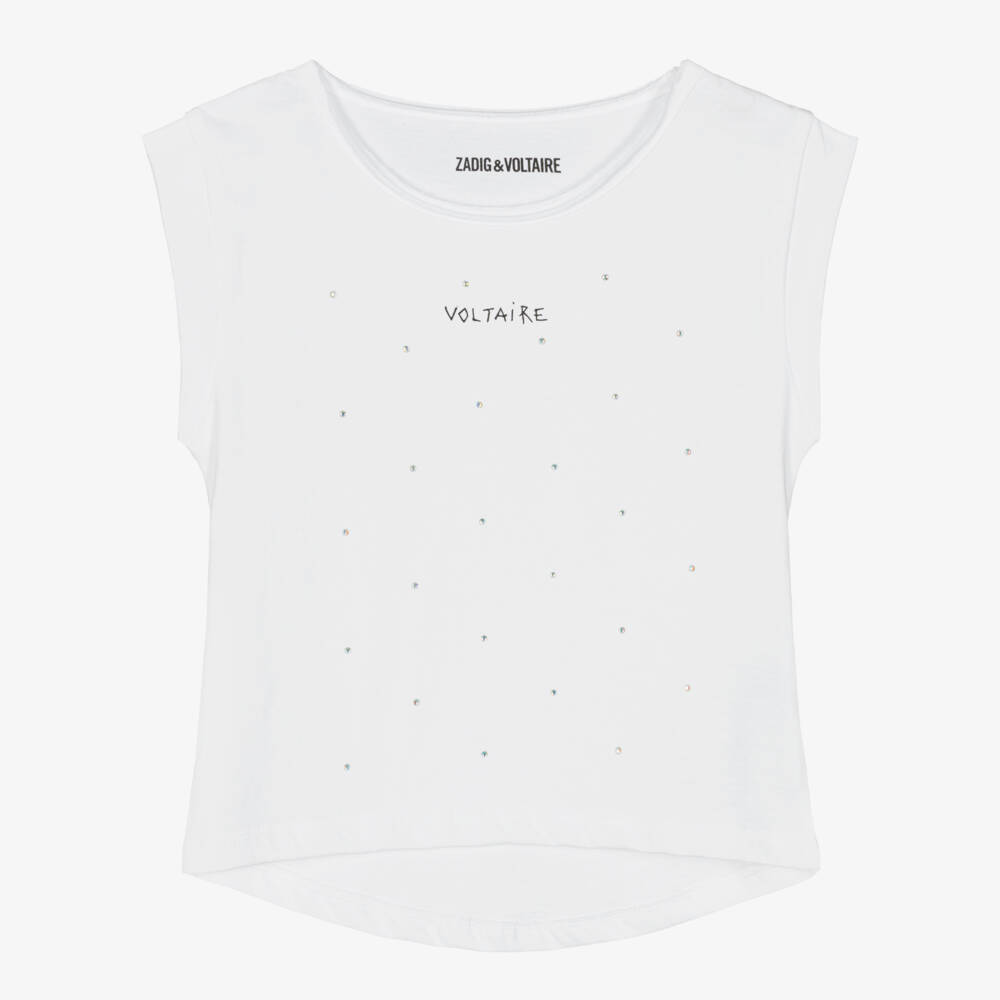 Zadig&Voltaire-Girls Rhinestone White Cotton Top | Childrensalon Outlet