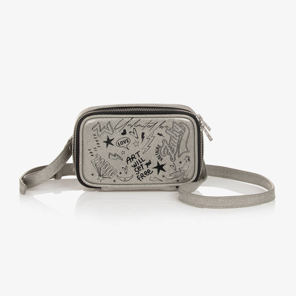 Girls Silver Glitter Faux Leather Bag 16cm