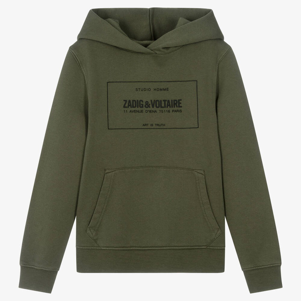 Zadig&Voltaire - Sweat à capuche kaki en coton ado | Childrensalon