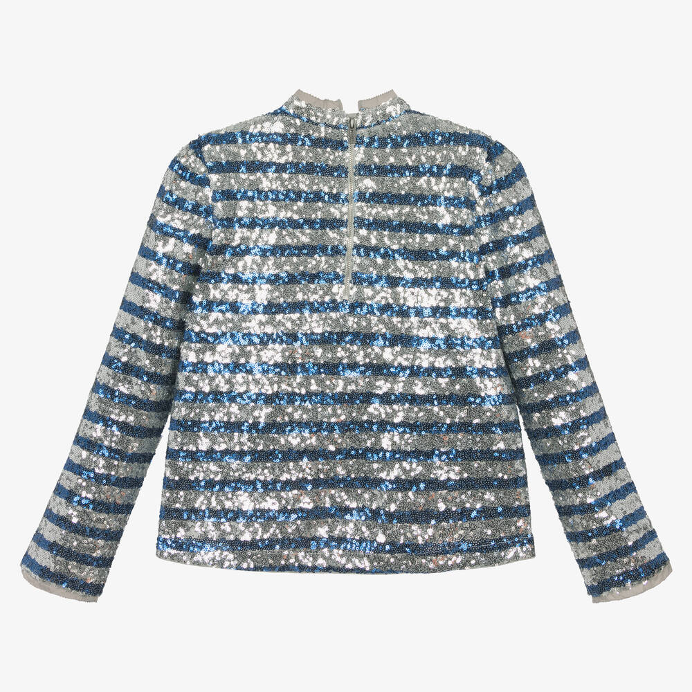 Zadig&Voltaire-بلوز مزينة بترتر لون أزرق وفضّي تينز بناتي | Childrensalon Outlet