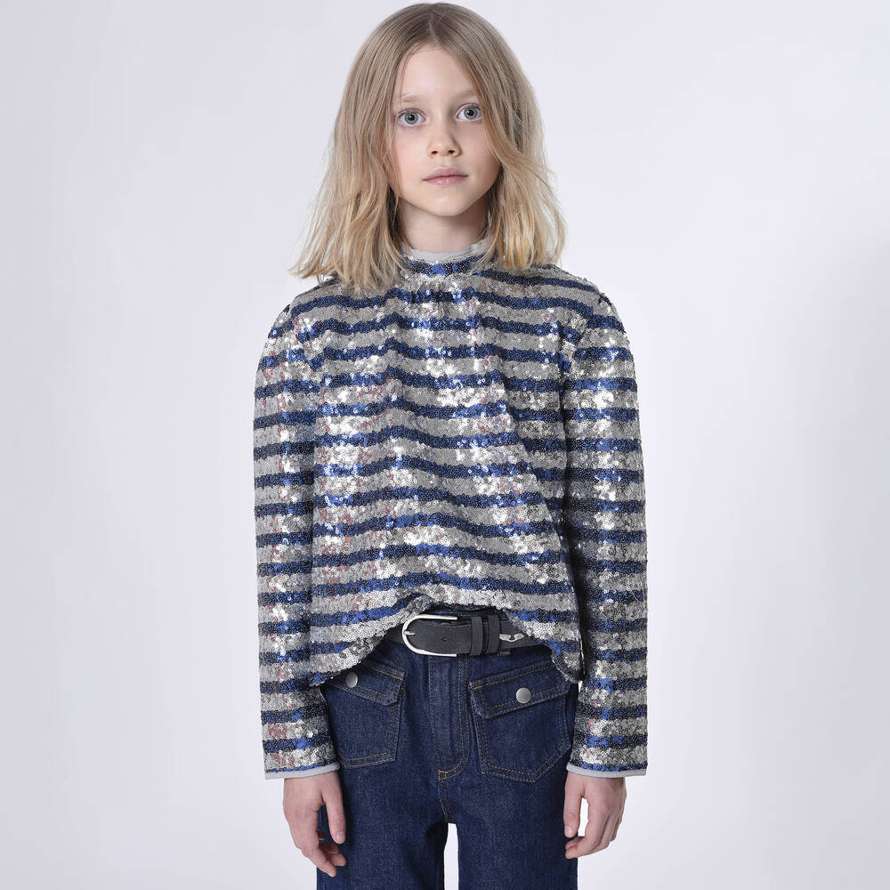 Zadig&Voltaire-بلوز مزينة بترتر لون أزرق وفضّي تينز بناتي | Childrensalon Outlet