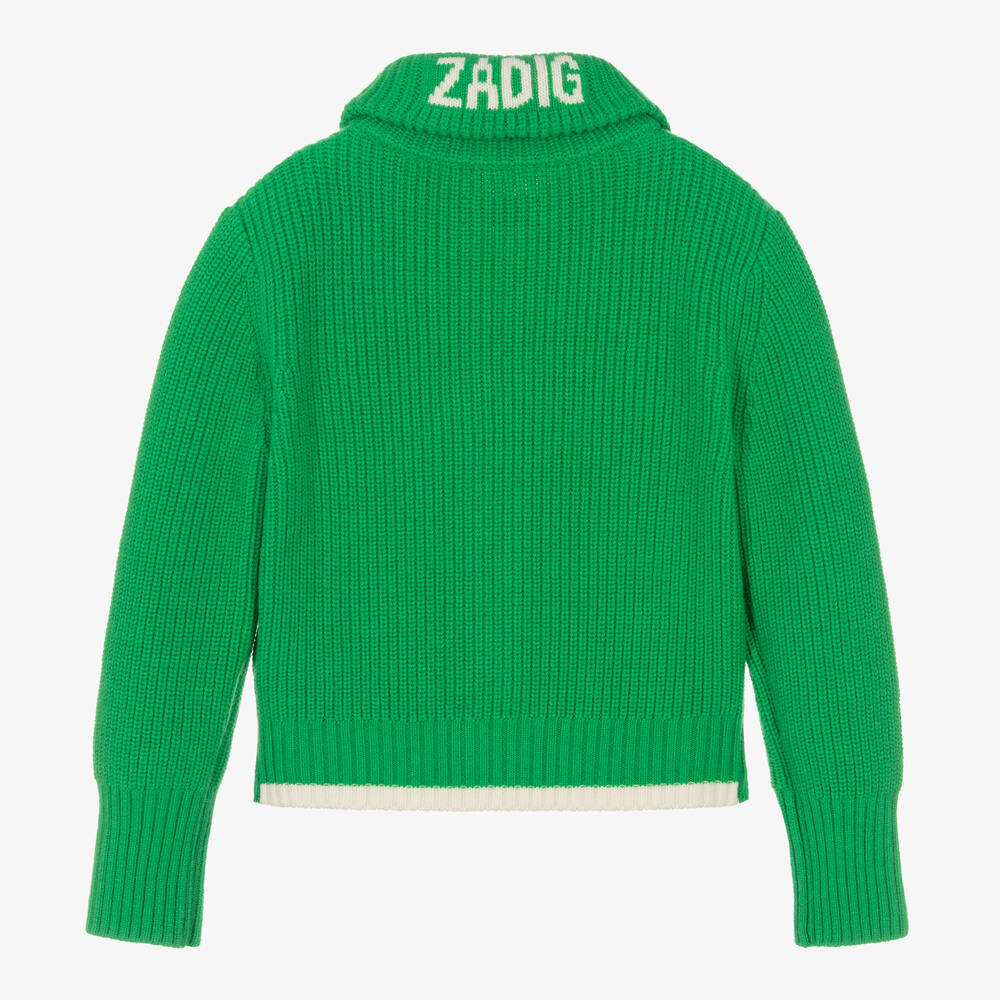 Zadig&Voltaire-توب بسحّاب مزيج صوف محبوك لون أخضر تينز بناتي | Childrensalon Outlet