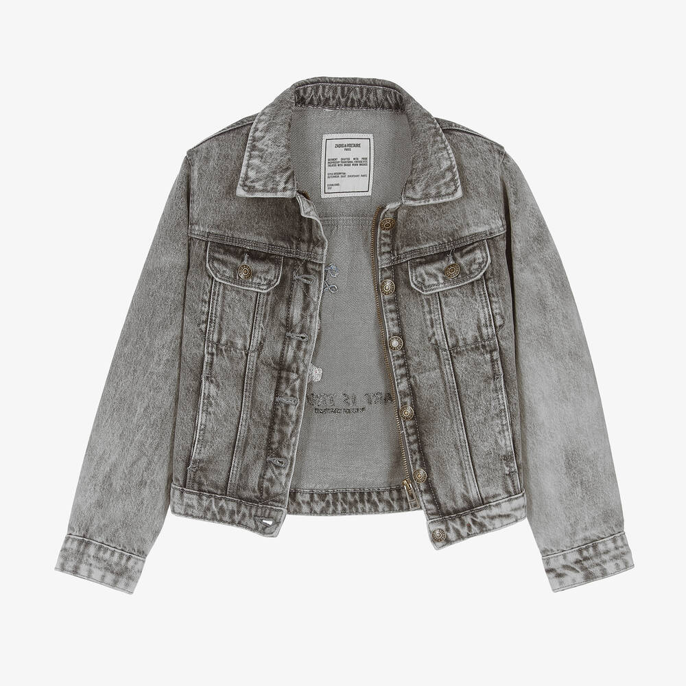 Zadig&Voltaire-Серая джинсовая куртка с вышивкой | Childrensalon Outlet