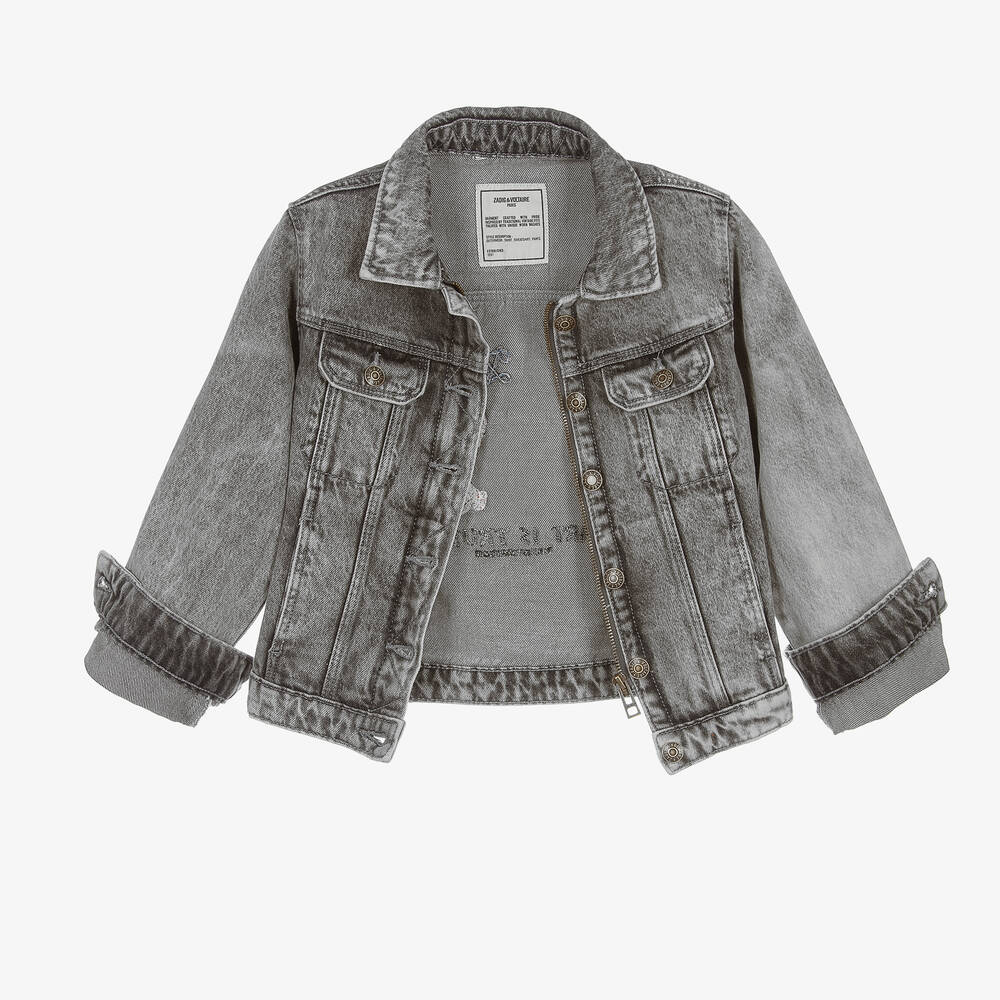 Zadig&Voltaire-Серая джинсовая куртка с вышивкой | Childrensalon Outlet