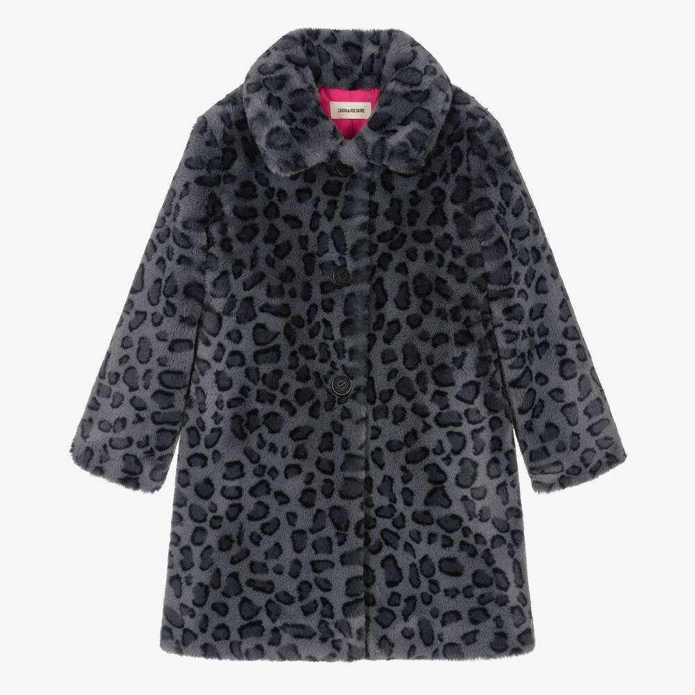 Zadig&Voltaire - Teen Girls Grey Leopard Faux Fur Coat | Childrensalon