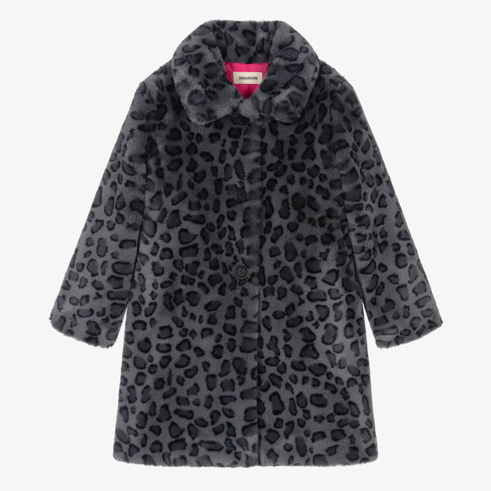 Teen Girls Grey Leopard Faux Fur Coat
