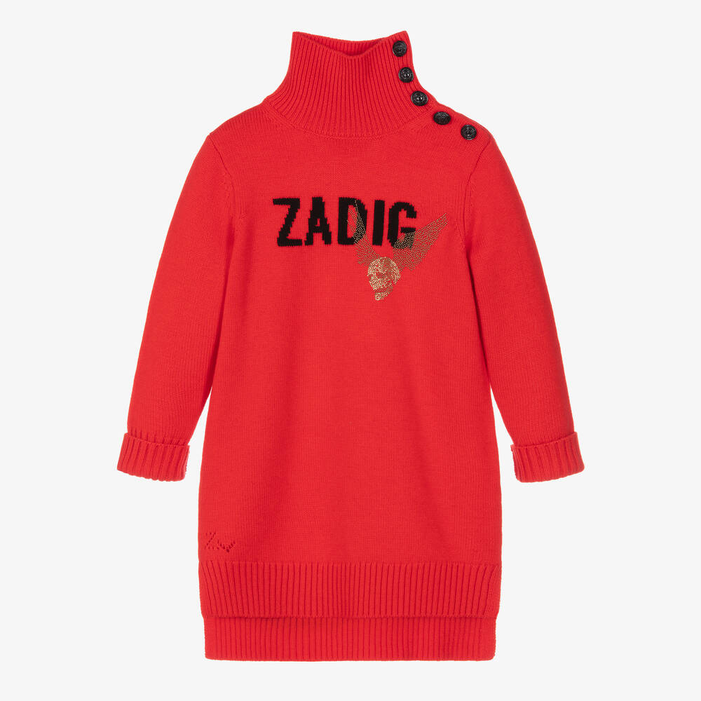 Zadig&Voltaire - فستان بلوفر مزيج صوف محبوك لون أحمر للمراهقات | Childrensalon