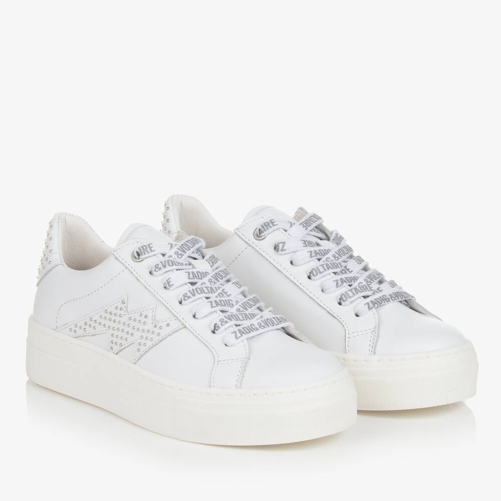 Zadig Voltaire Teen Girls White Leather Lace Up Trainers Childrensalon Outlet