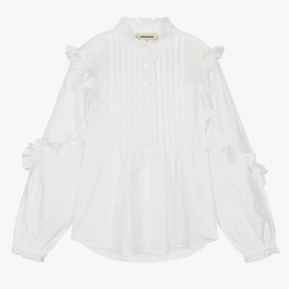 Zadig&Voltaire - Белая хлопковая блуза с кружевом в стиле ретро | Childrensalon