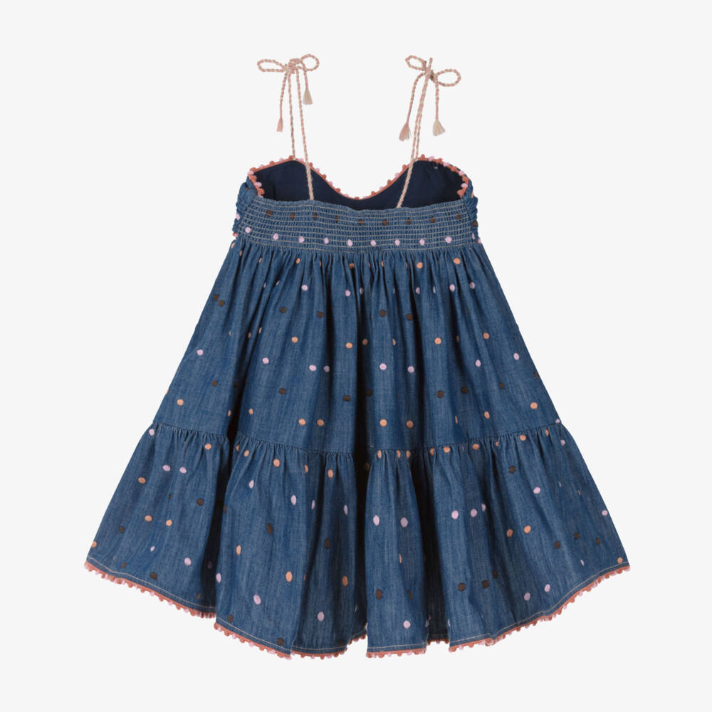 Zimmermann-Blue Denim Bow Polka Dot Strappy Dress | Childrensalon Outlet