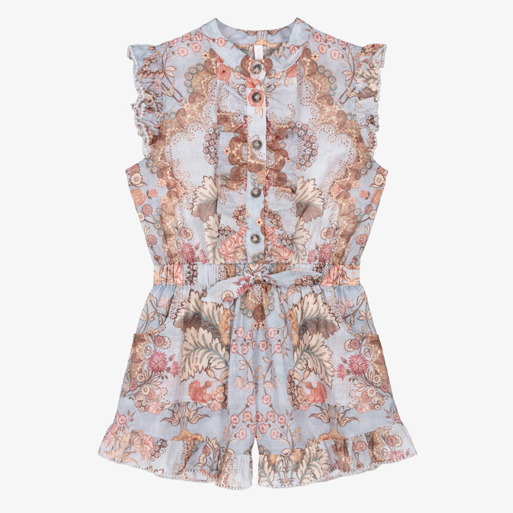 Zimmermann-Blue & Orange Floral Ruffle Playsuit | Childrensalon Outlet