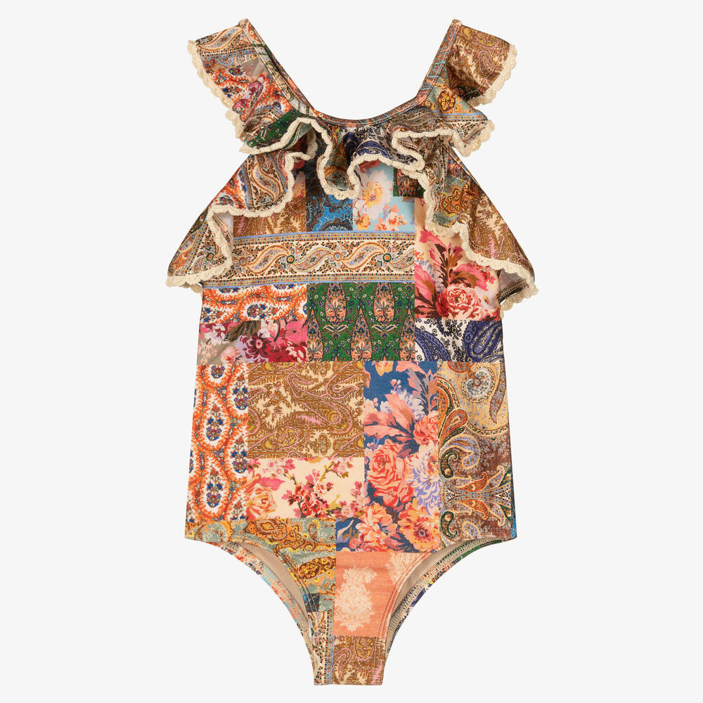 Zimmermann - Girls Beige Patchwork Paisley Swimsuit  | Childrensalon