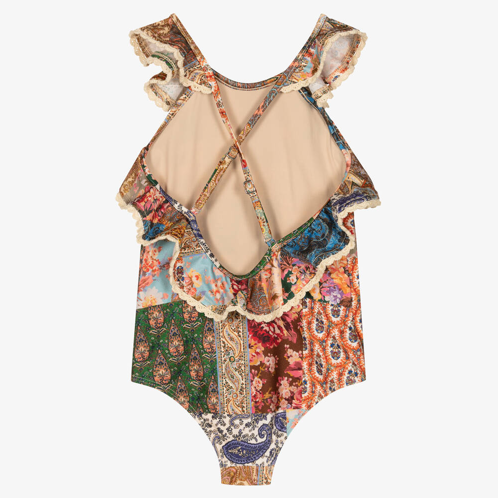 Zimmermann-Girls Beige Patchwork Paisley Swimsuit  | Childrensalon Outlet
