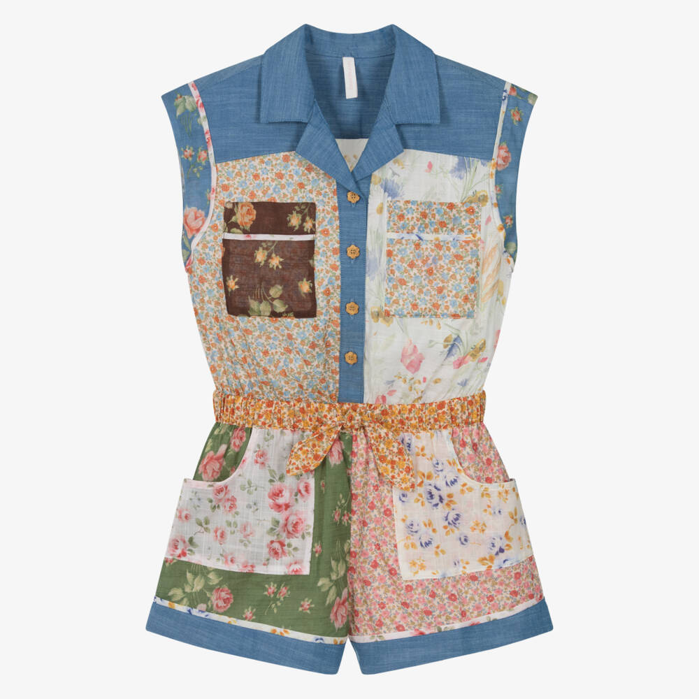 Zimmermann-Girls Blue Cotton Patchwork Romper | Childrensalon Outlet
