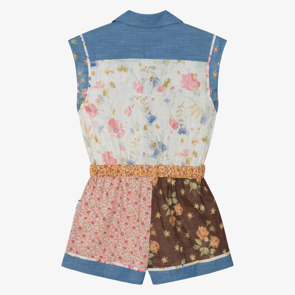 Zimmermann-Girls Blue Cotton Patchwork Romper | Childrensalon Outlet