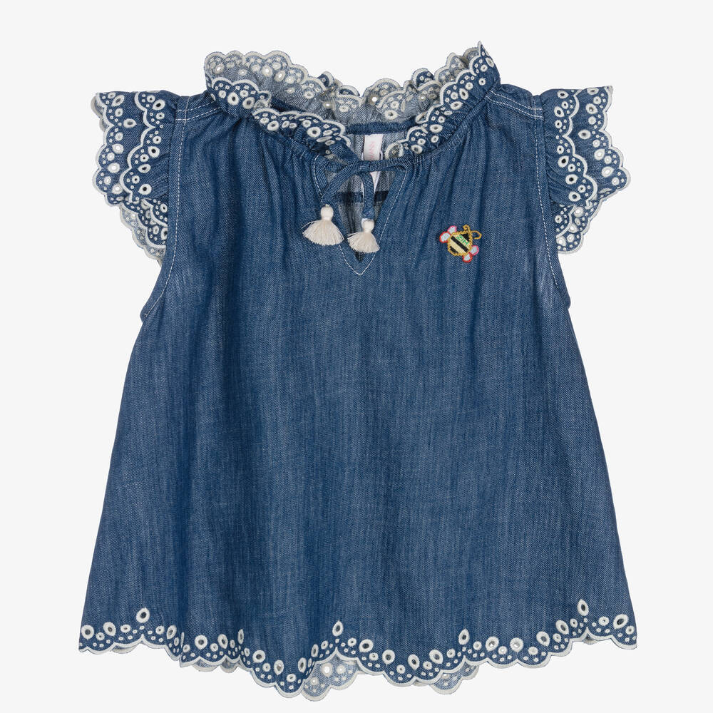Zimmermann - Girls Blue Embroidered Denim Blouse | Childrensalon