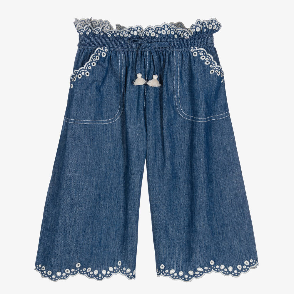 Zimmermann-Girls Blue Embroidered Denim Cullottes  | Childrensalon Outlet