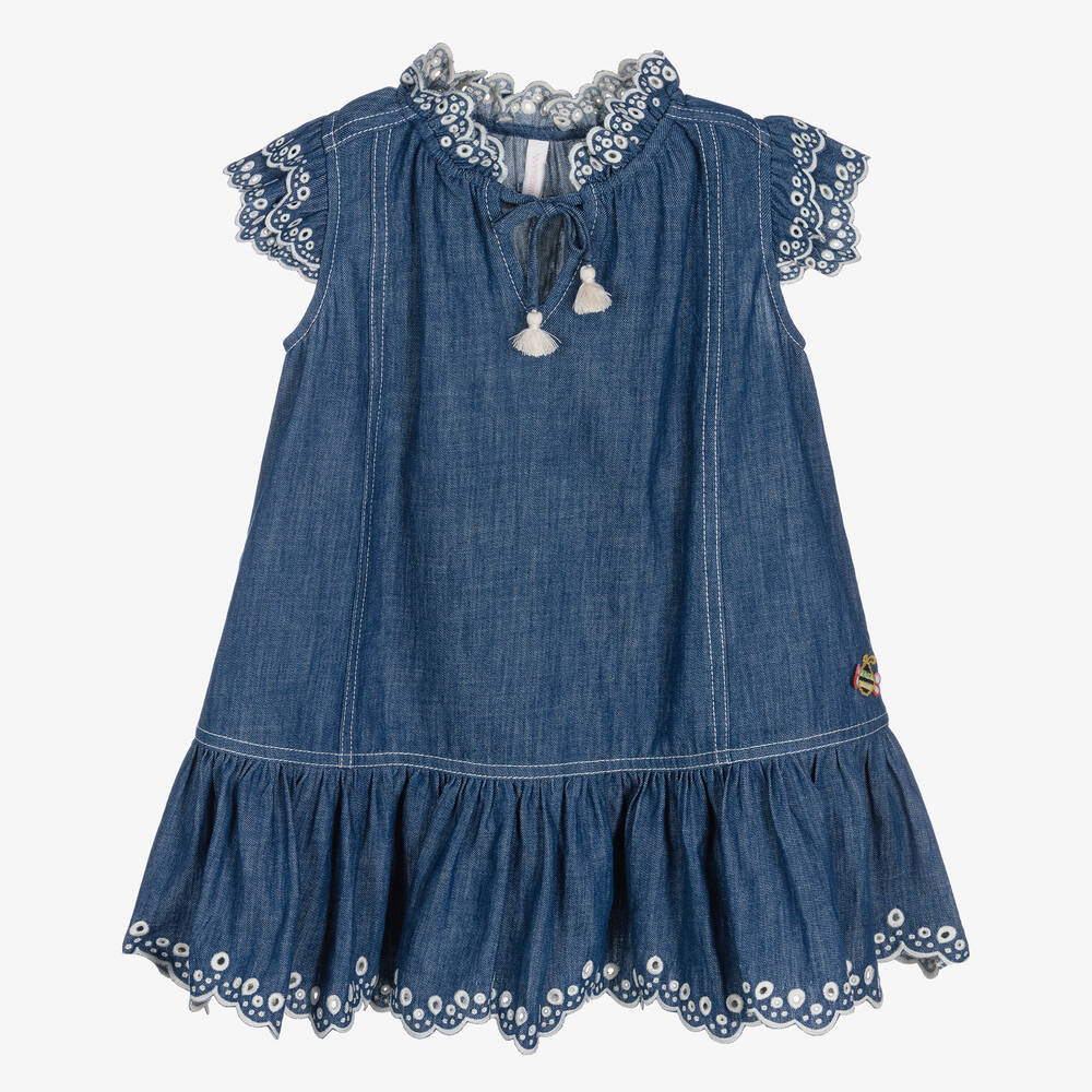 Zimmermann - فستان قطن دنيم مطرز لون أزرق  | Childrensalon