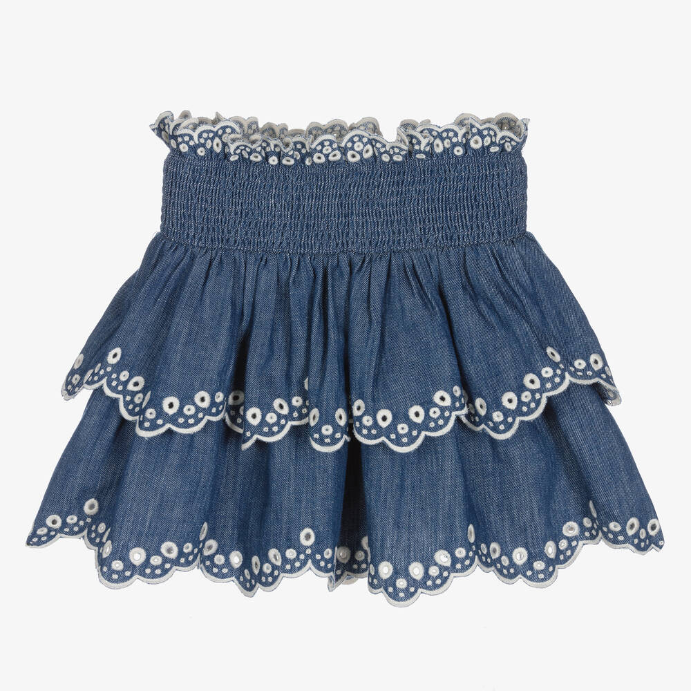 Zimmermann - Girls Blue Embroidered Denim Skirt | Childrensalon