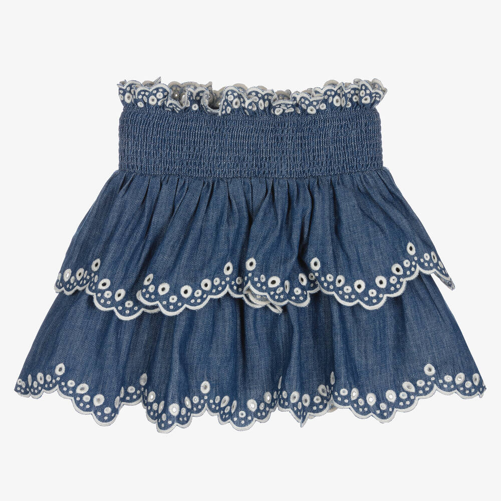 Zimmermann-Girls Blue Embroidered Denim Skirt | Childrensalon Outlet
