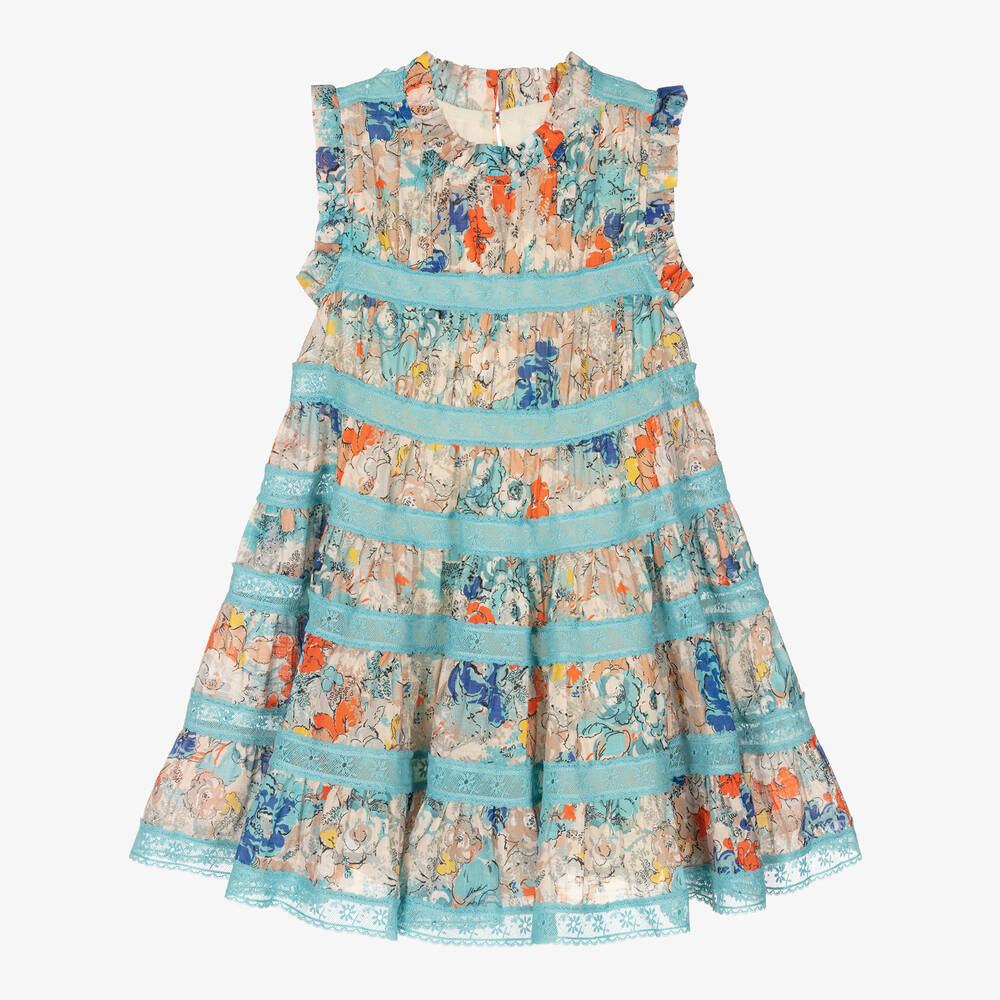 Zimmermann - فستان قطن لون أزرق وبيج بطبعة ورود | Childrensalon