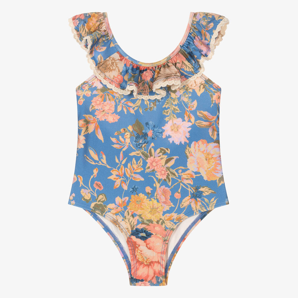 Zimmermann-Girls Blue Floral Print Swimsuit | Childrensalon Outlet