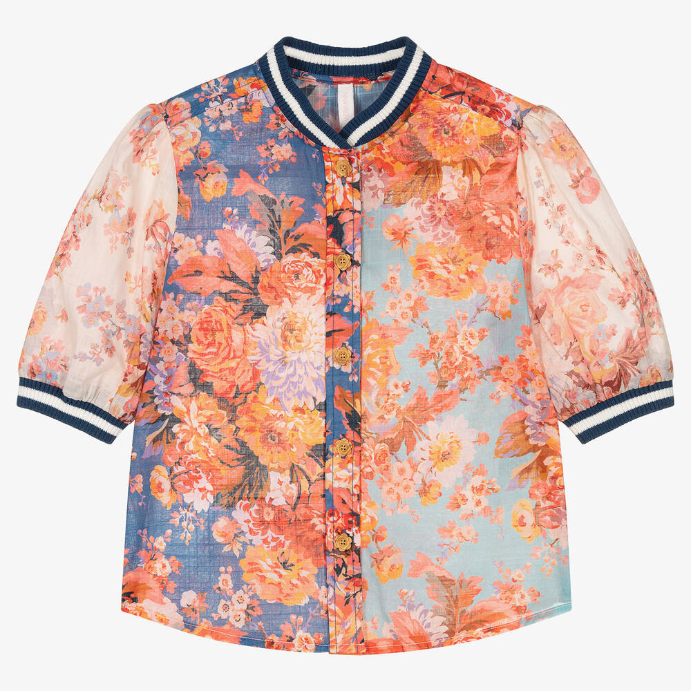 Zimmermann - Geblümte Baumwollbluse blau/orange | Childrensalon