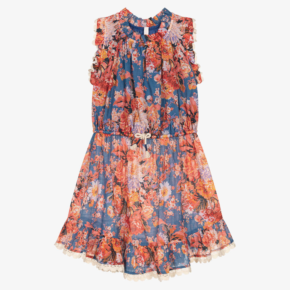 Zimmermann - Geblümtes Baumwollkleid blau/orange | Childrensalon