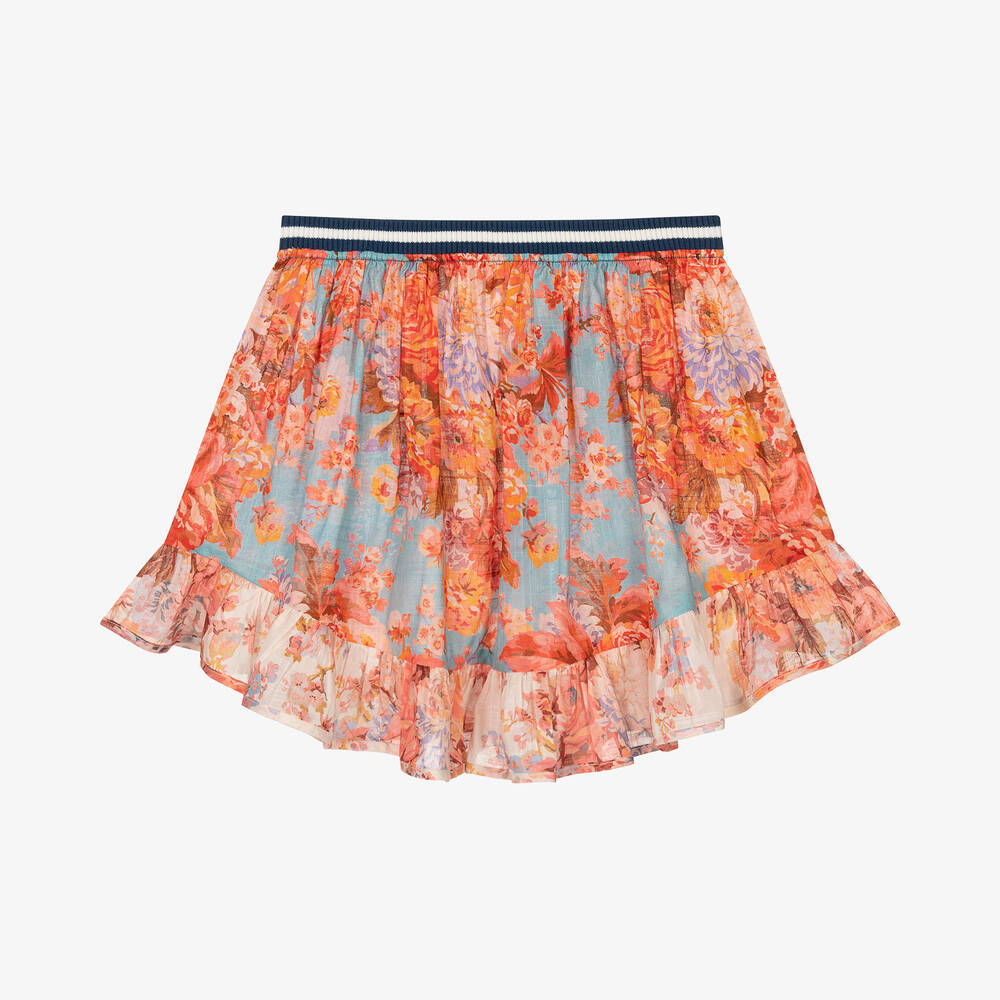 Zimmermann - Girls Blue & Orange Floral Cotton Skirt | Childrensalon