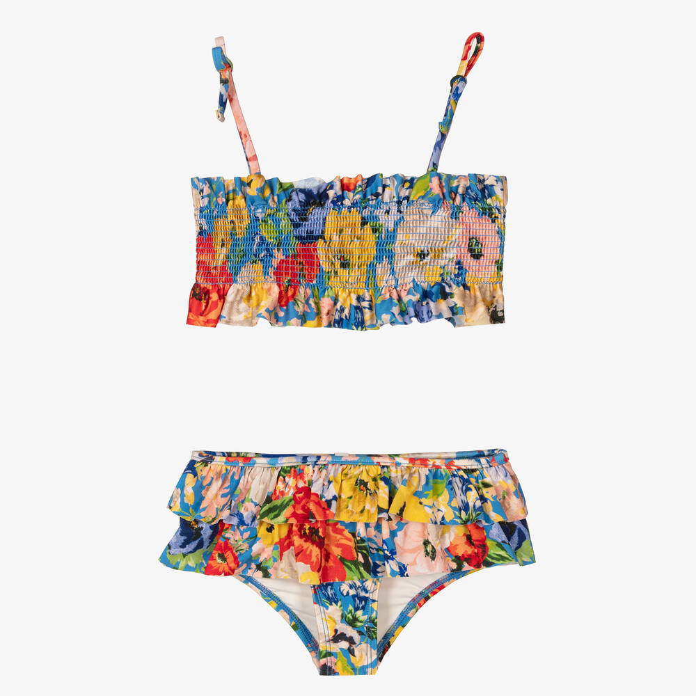 Zimmermann-Girls Blue Shirred Floral Bikini | Childrensalon Outlet