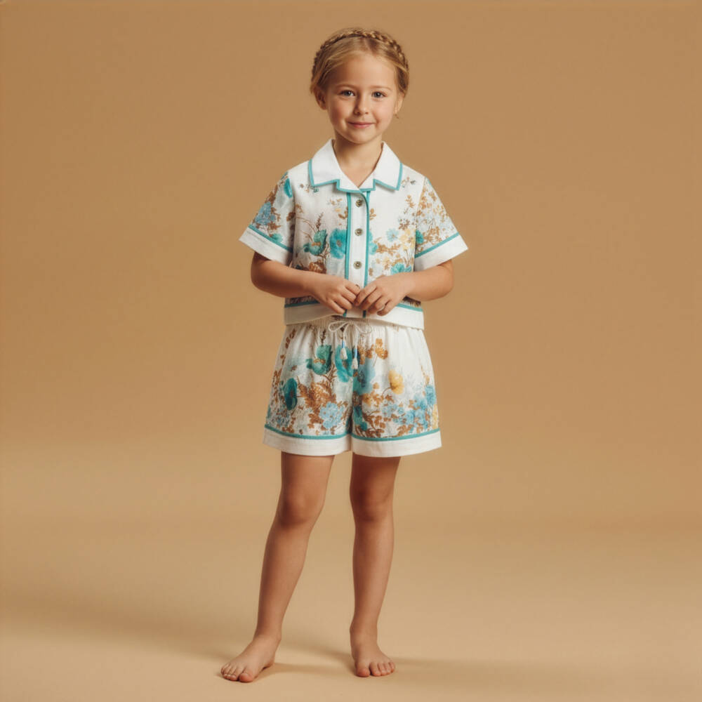 Zimmermann-Girls Cream and Teal Floral Shorts | Childrensalon Outlet
