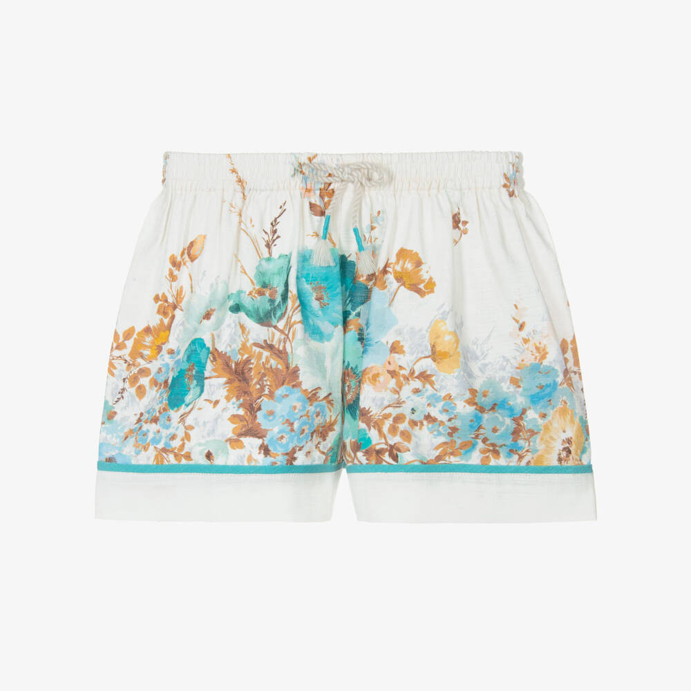 Zimmermann-Girls Cream and Teal Floral Shorts | Childrensalon Outlet