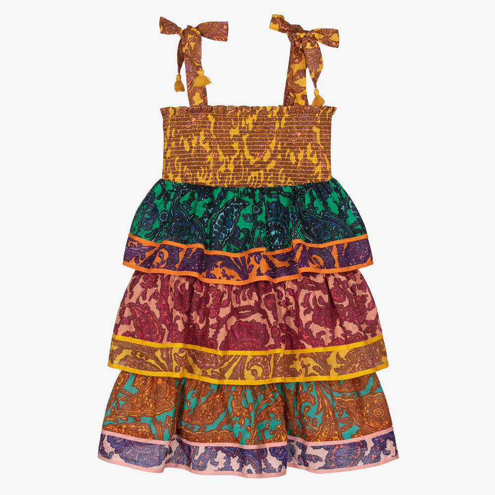 Zimmermann - Girls Gold & Pink Shirred Cotton Dress | Childrensalon