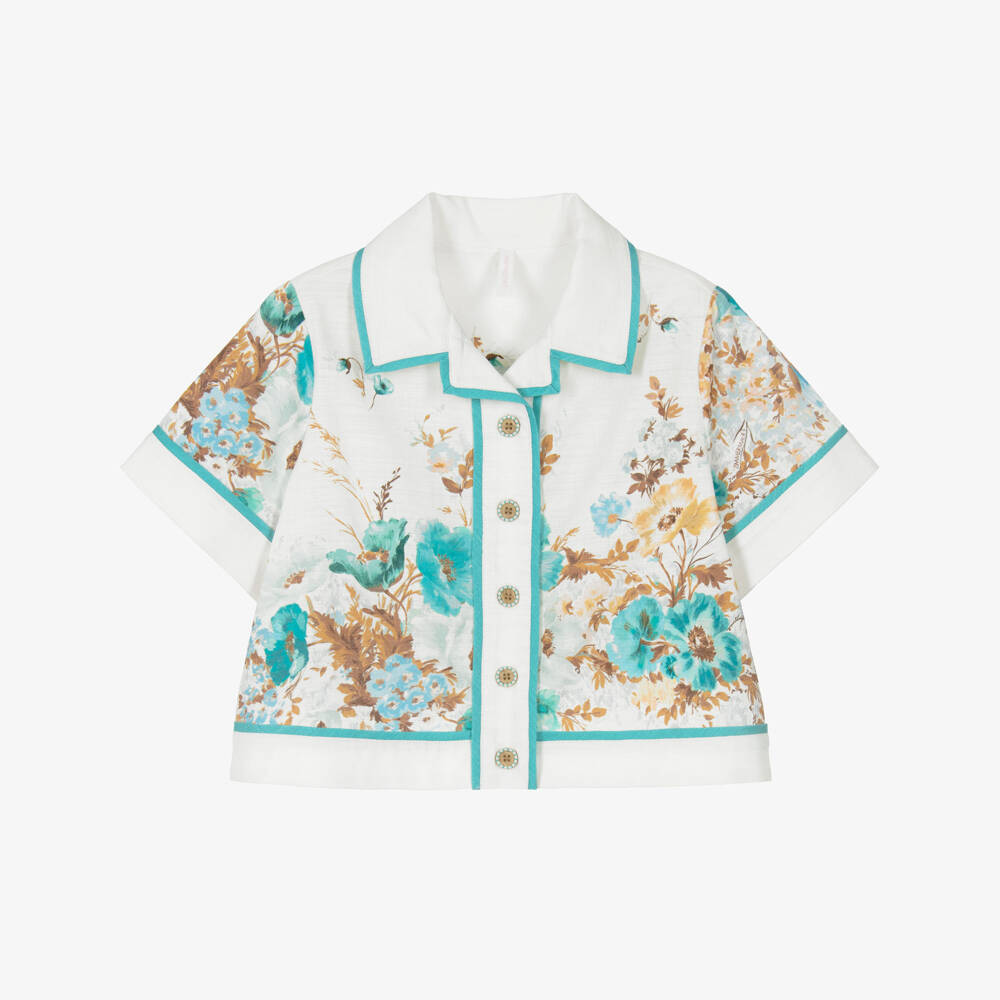 Zimmermann-Кремовая и бирюзовая блузка с цветочным узором для девочек | Childrensalon Outlet