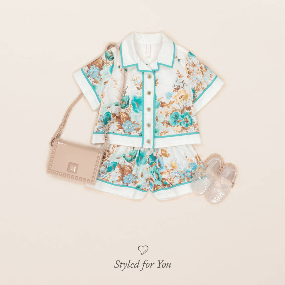Zimmermann-Girls Ivory & Blue Floral Print Cotton Shorts | Childrensalon Outlet